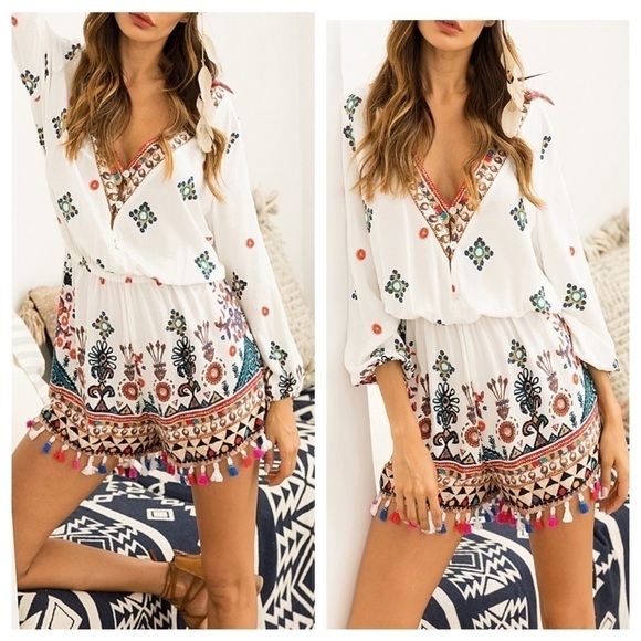 Boho Geometric Print Romper with Tassels - Picture 2 of 7